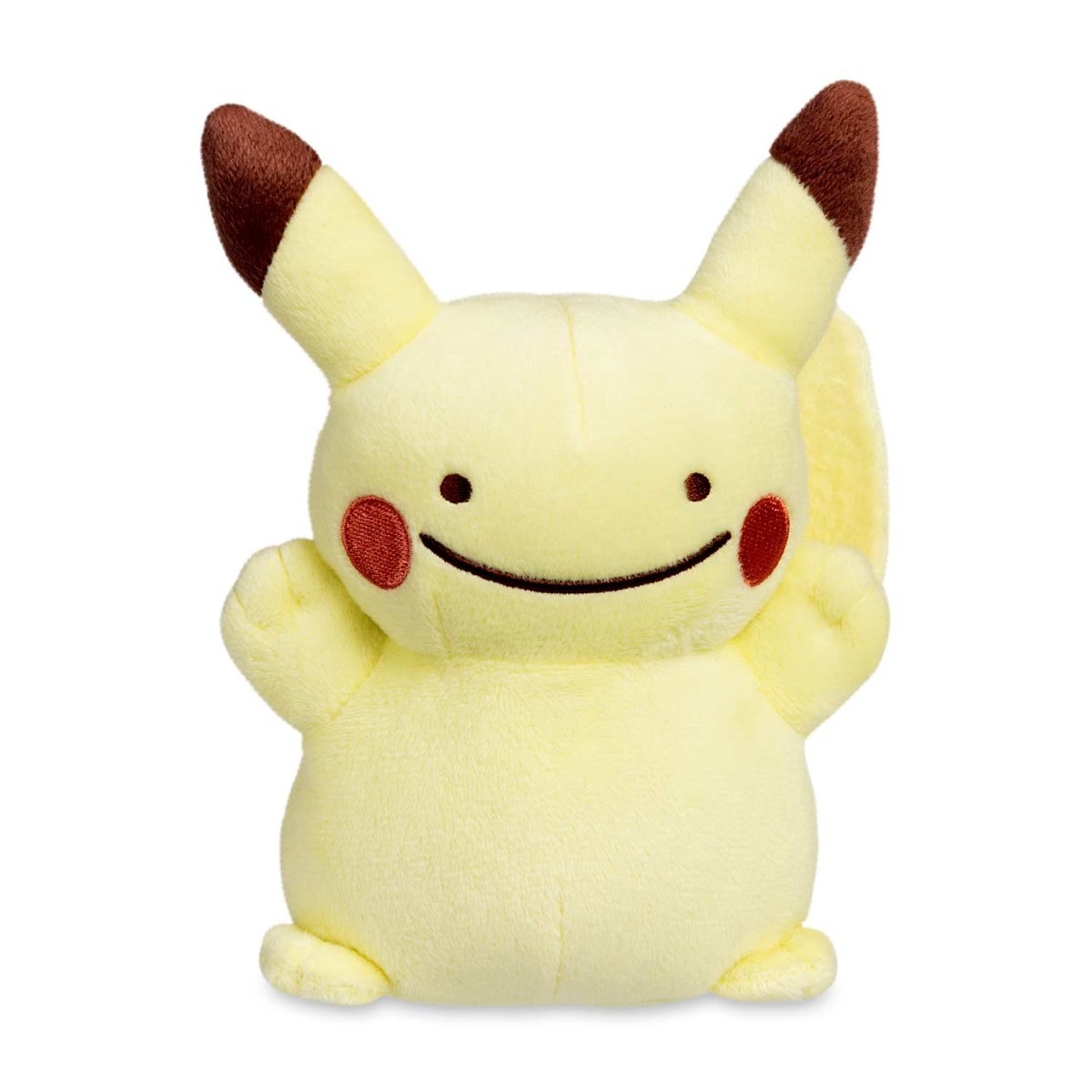 A plush of a Ditto that has transformed into a Pikachu.