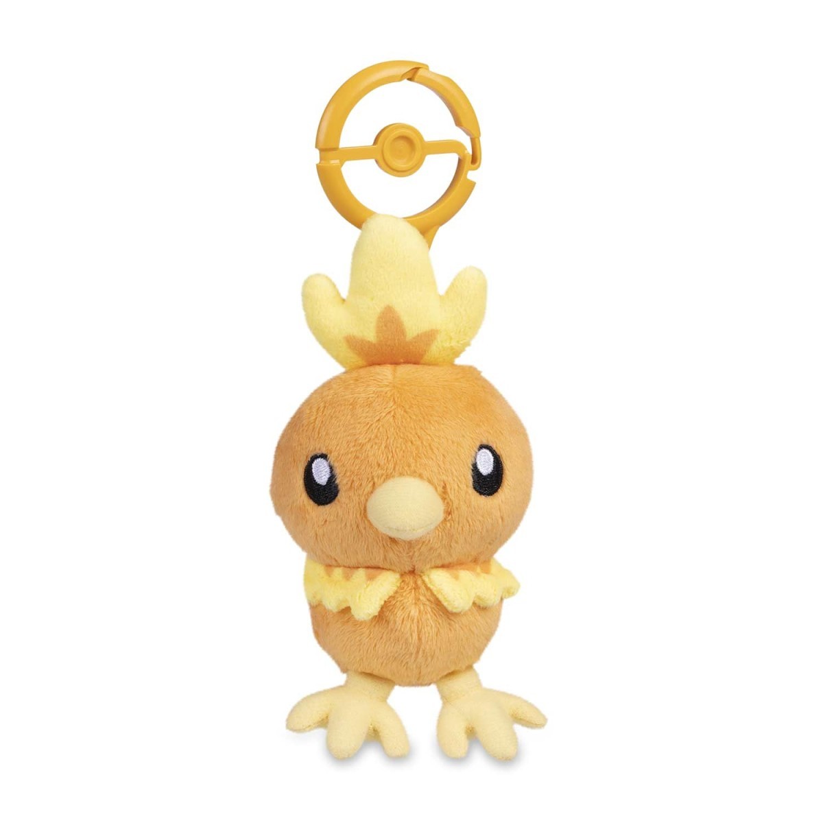 A small Torchic plushie attached to a plastic keychain ring.